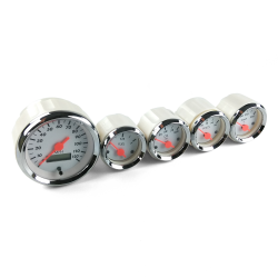 Silver Modern Needles, Chrome Trim Rings, Style Kit Installed Aurora Instruments 5552 Pulsar Aqua Metric 5-Gauge Set Silver Modern Needles, Chrome Trim Rings, Style Kit Installed Aurora Instruments 5552 Pulsar Aqua Metric 5-Gauge Set
